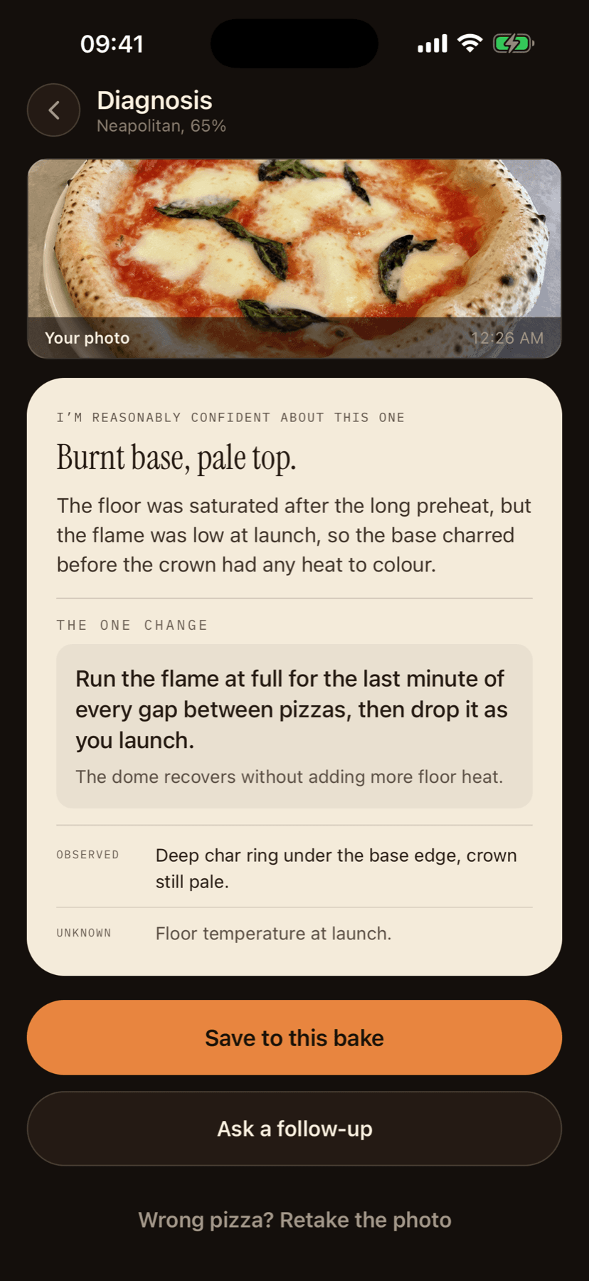 The Lievanto diagnosis screen on iPhone: a photo of a Neapolitan pizza, the verdict Burnt base, pale top, the one change to make next time, and a Save to this bake button