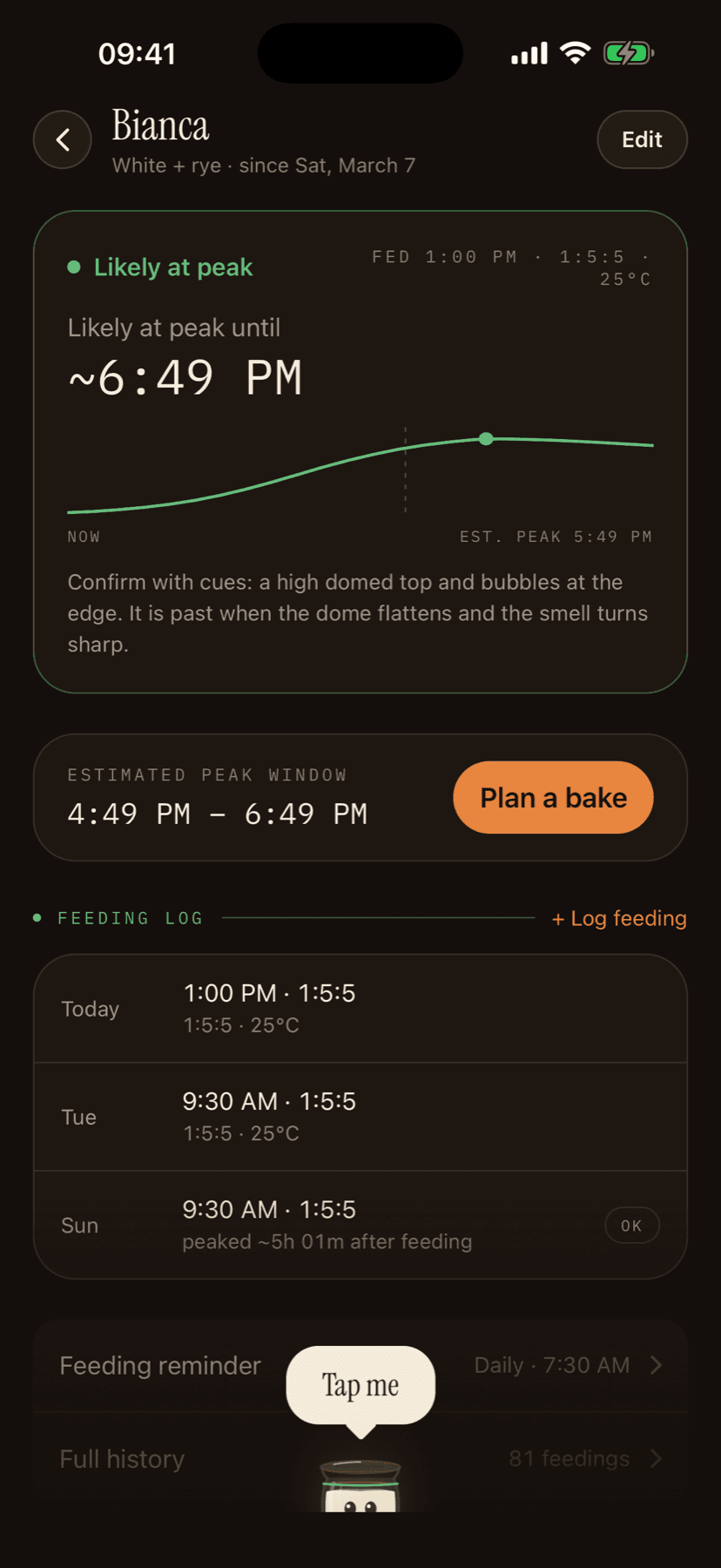 A sourdough starter in Lievanto: likely at peak until 6:49 PM, the rise curve, and the feeding log