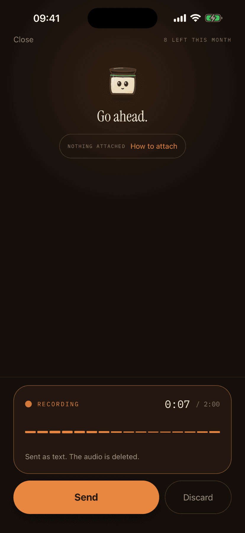 Asking Leva by voice: a recording in progress, sent as text, with the audio deleted