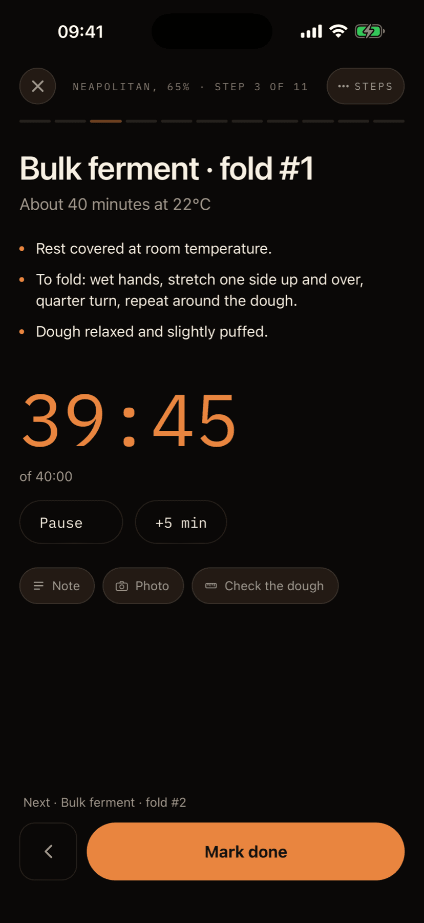 Lievanto Cook Mode: the bulk ferment step with three bullet points and a 40-minute timer counting down