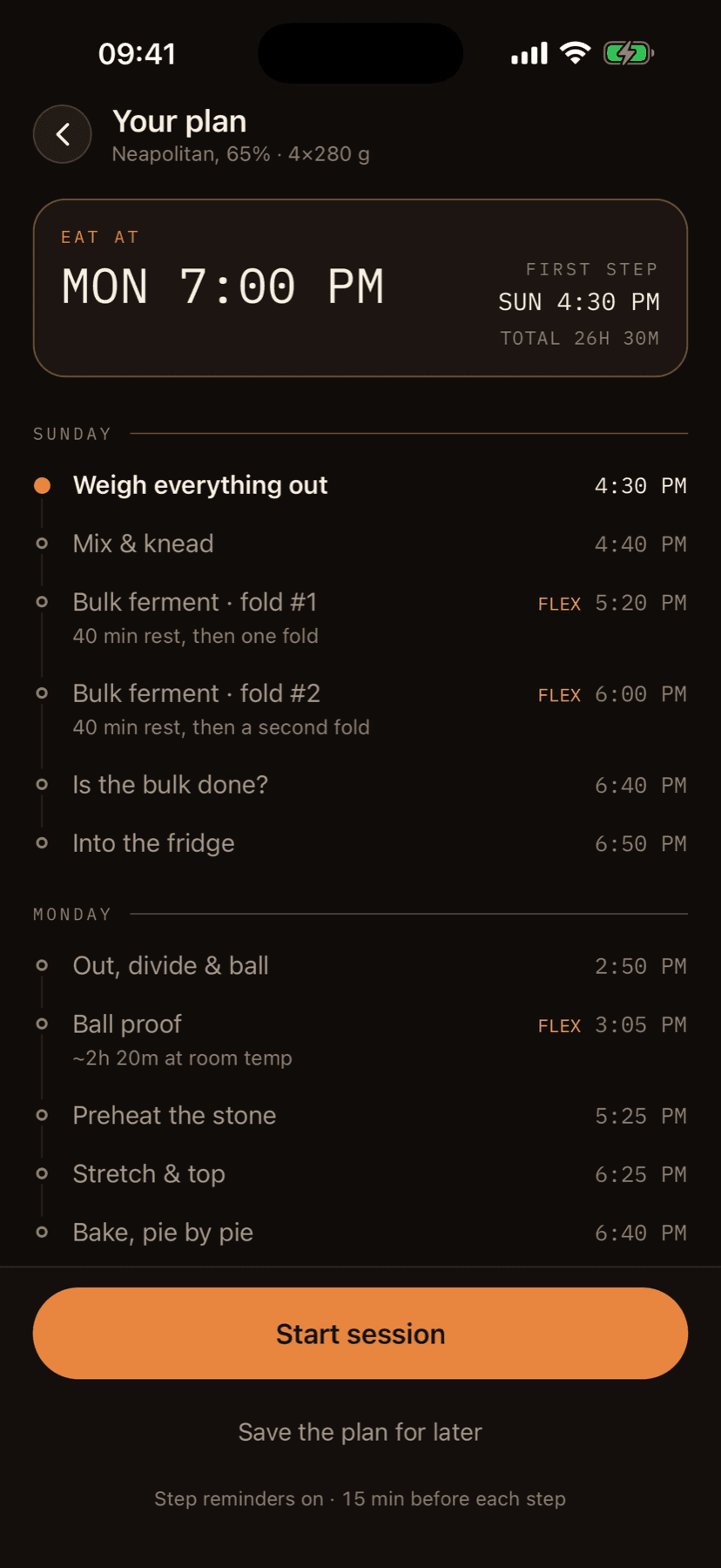 The Lievanto plan screen: eat at Monday 7:00 PM, first step Sunday 4:30 PM, and every step with its own clock