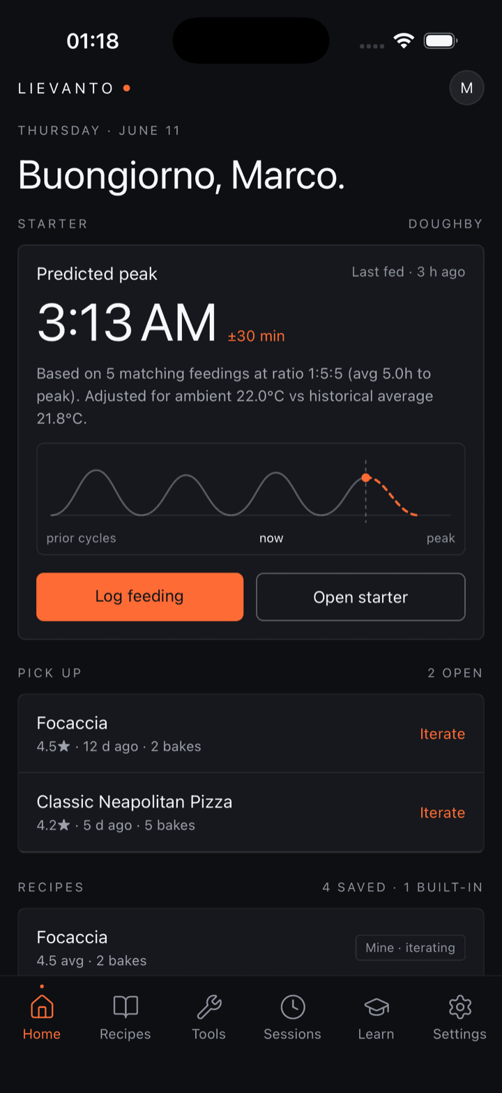 The Lievanto home screen: starter timing, recent bakes, and recipe shortcuts
