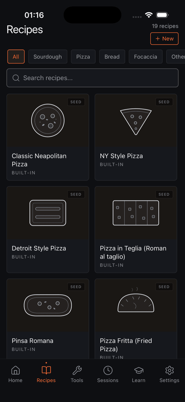 The Lievanto recipe library with 19 built-in recipes